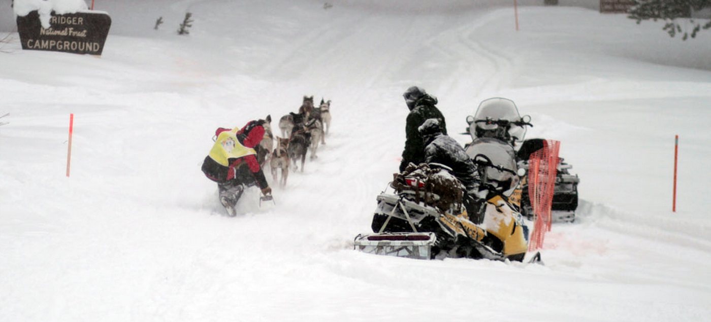 Musherin und Gespann von hinten im dichten Schneetreiben, daneben Schneemobile der Rennleitung